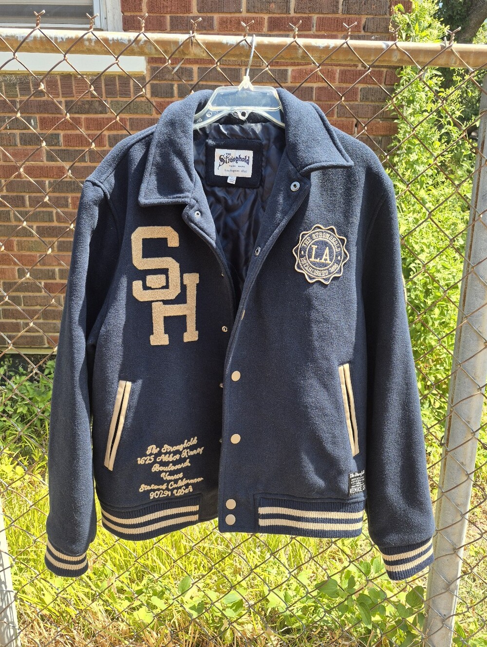 The Stronghold Varsity Jacket Men Large Navy Blue Embroidered Logo